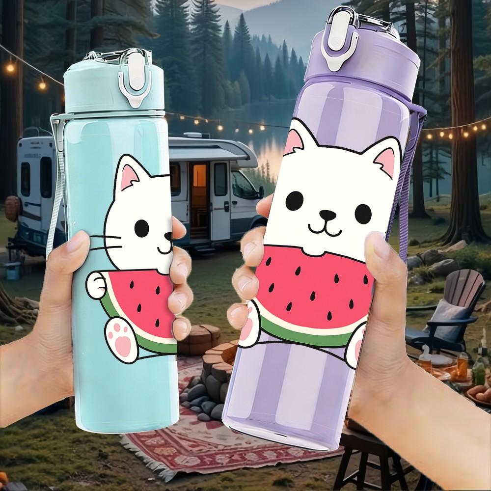 1PC White Cat Watermelon Cartoon 750ml Color Plastic Sports Water Bottle Leakproof Flip Straw Lid Suitable for Sports Office Home Use
