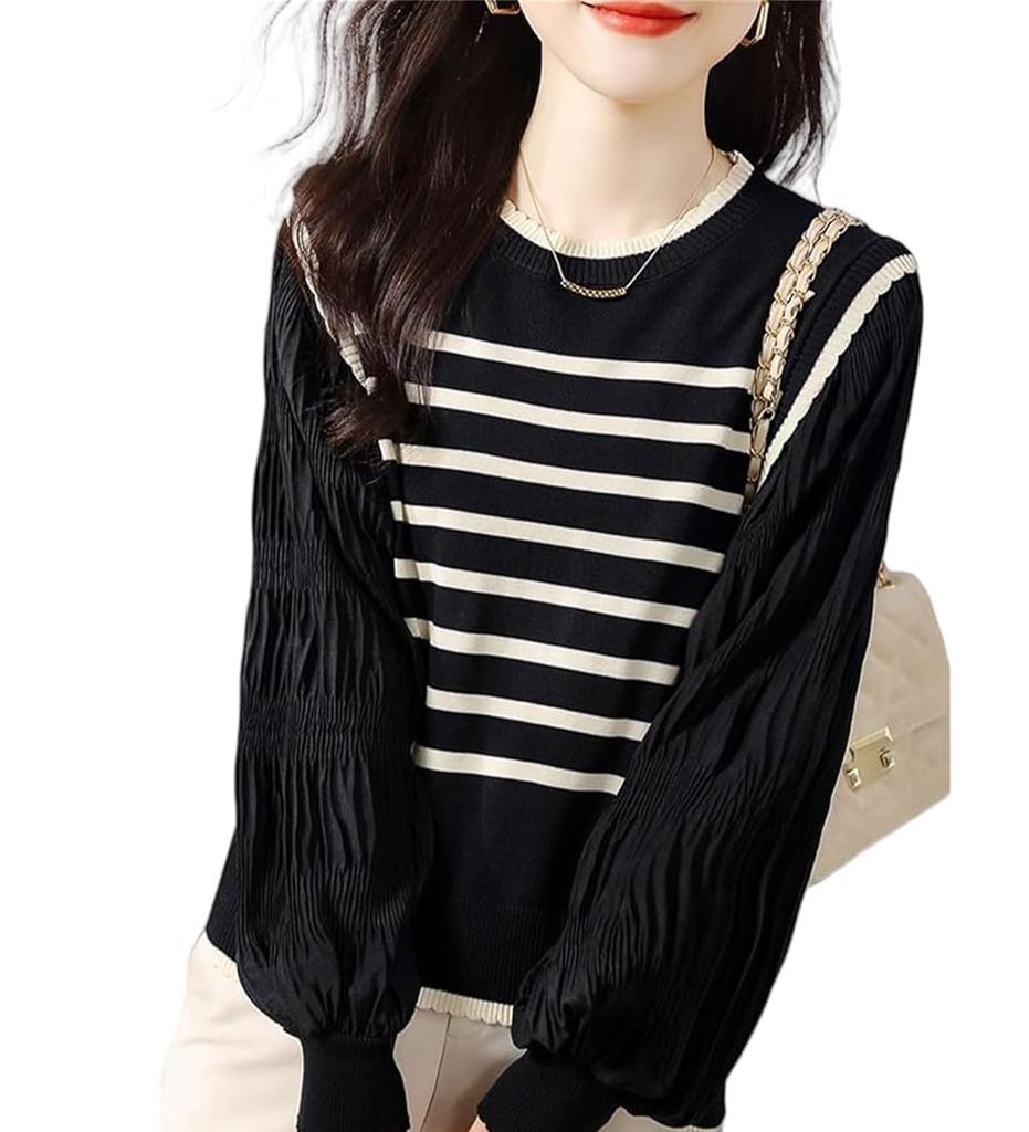 Knit Cut and Long Elegant and Border Puff Loose Cute for Perfect for and Casual Lightweight Pullover Blouse with Round Neck and Balloon Sleeves