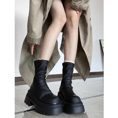 Kurzstiefel Damen Dicksohlige Elastische Stiefel Neue Dünne Stiefel Vielseitige und Dünne Pile-Stiefel Kleine Damenstiefel