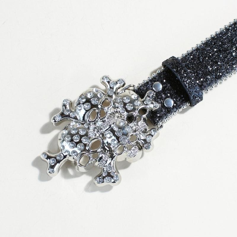 Women's Rhinestones Belt Glitters Leather Waist Belt Western Skull Waist Belt for Stylish Youth