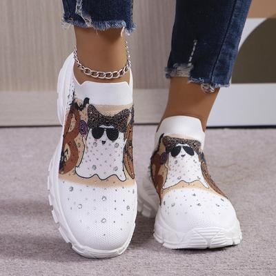 Lucyever Plus Size Shiny Crystals Sneaker Women Fashion Printed Breathable Mesh Loafers Woman 2024 Autumn Slip-On Walking Shoes