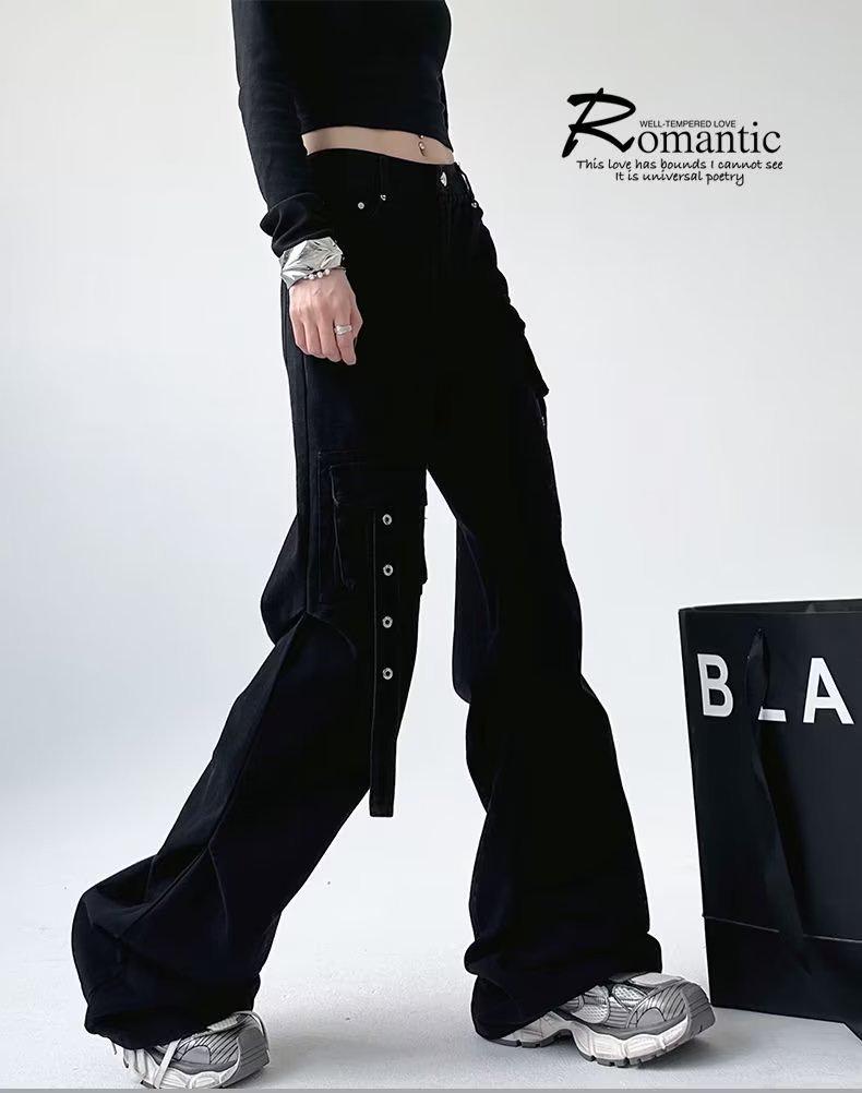 Women's Multi-Pocket High Waist Workwear Jeans - Autumn Loose Slimming Straight Leg, Versatile Wide-Leg Floor-Length Pants
