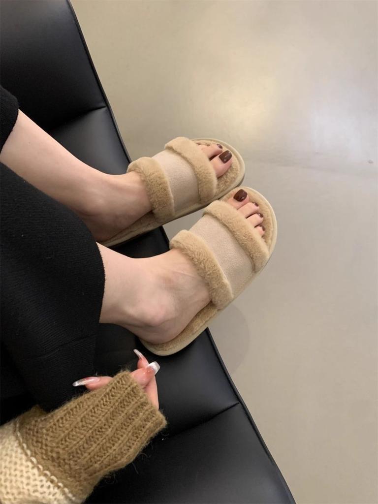 Retro one-word fluffy slippers women's outer wear 2025 autumn and winter new Korean version gentle fairy temperament flat bottom velvet half drag