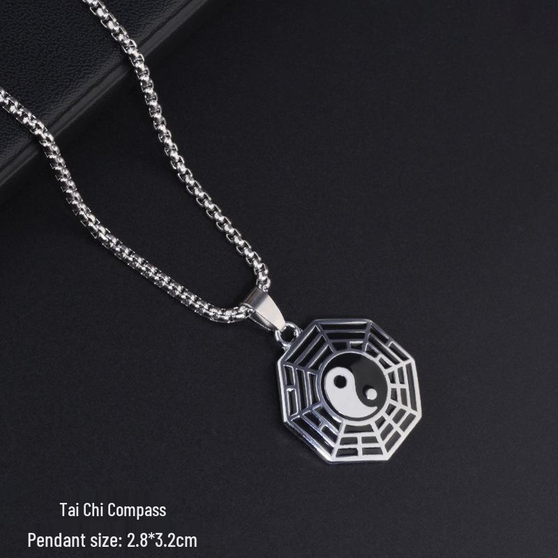 Retro Enamel Tai Chi Bagua Pendant Necklace, Titanium Steel Compass Round Plate for Men & Women