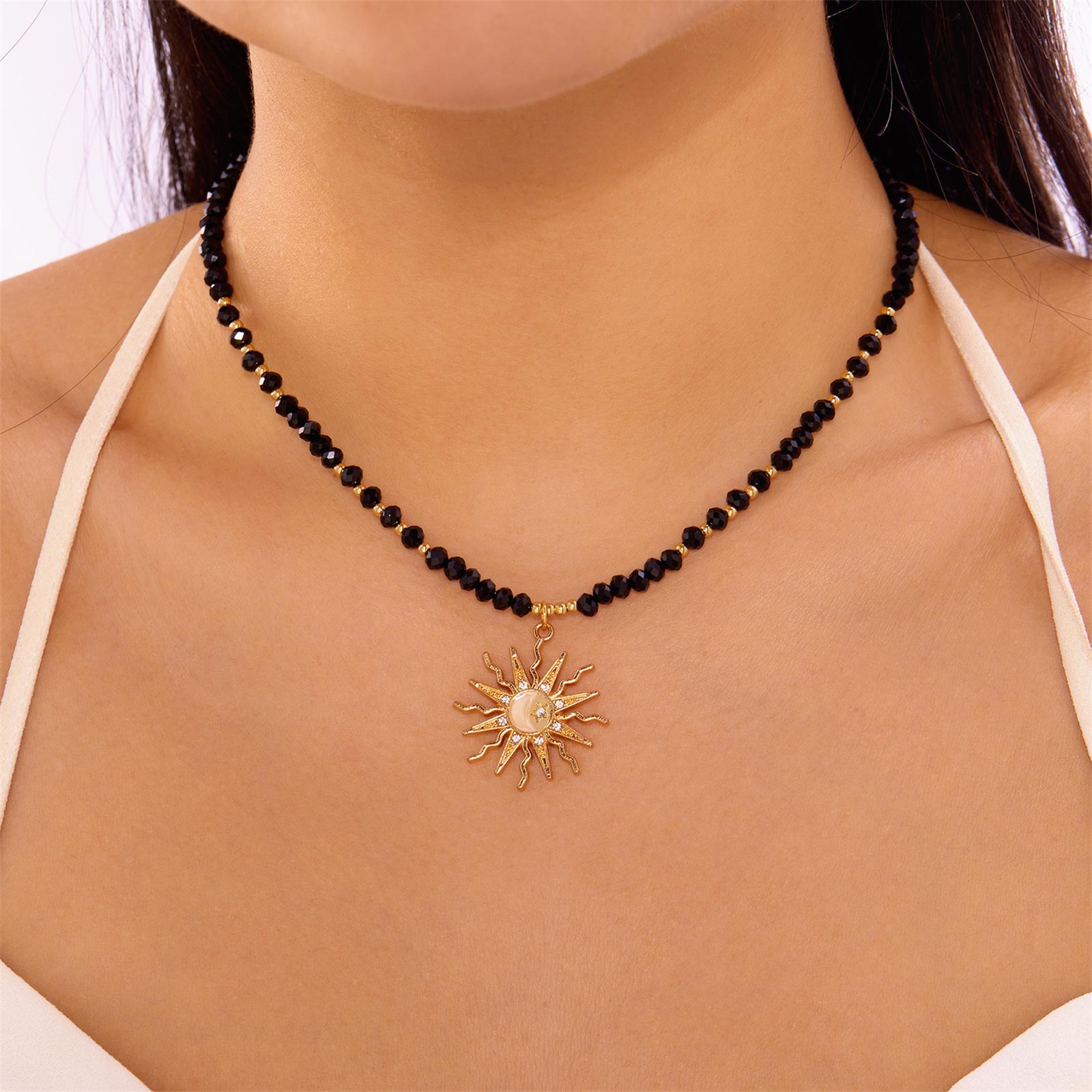 

Beaded Necklace for Women Gold Sun Moon Pendant Necklace Summer Sunflower Pendant Colorful Rice Beads Choker Necklace Christmas one size чёрный