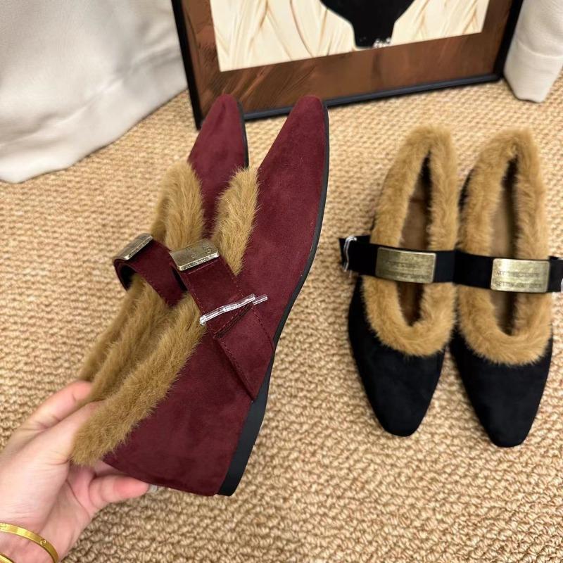 Leopard Print Mary Jane Single Shoes Autumn and Winter New Pointed Small Inner Height Increase Plush Shoes