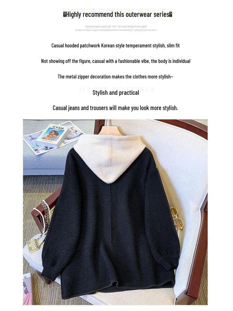 Dubbelsidig Huvförsedd Ullstickad Patchwork Smal Kofta