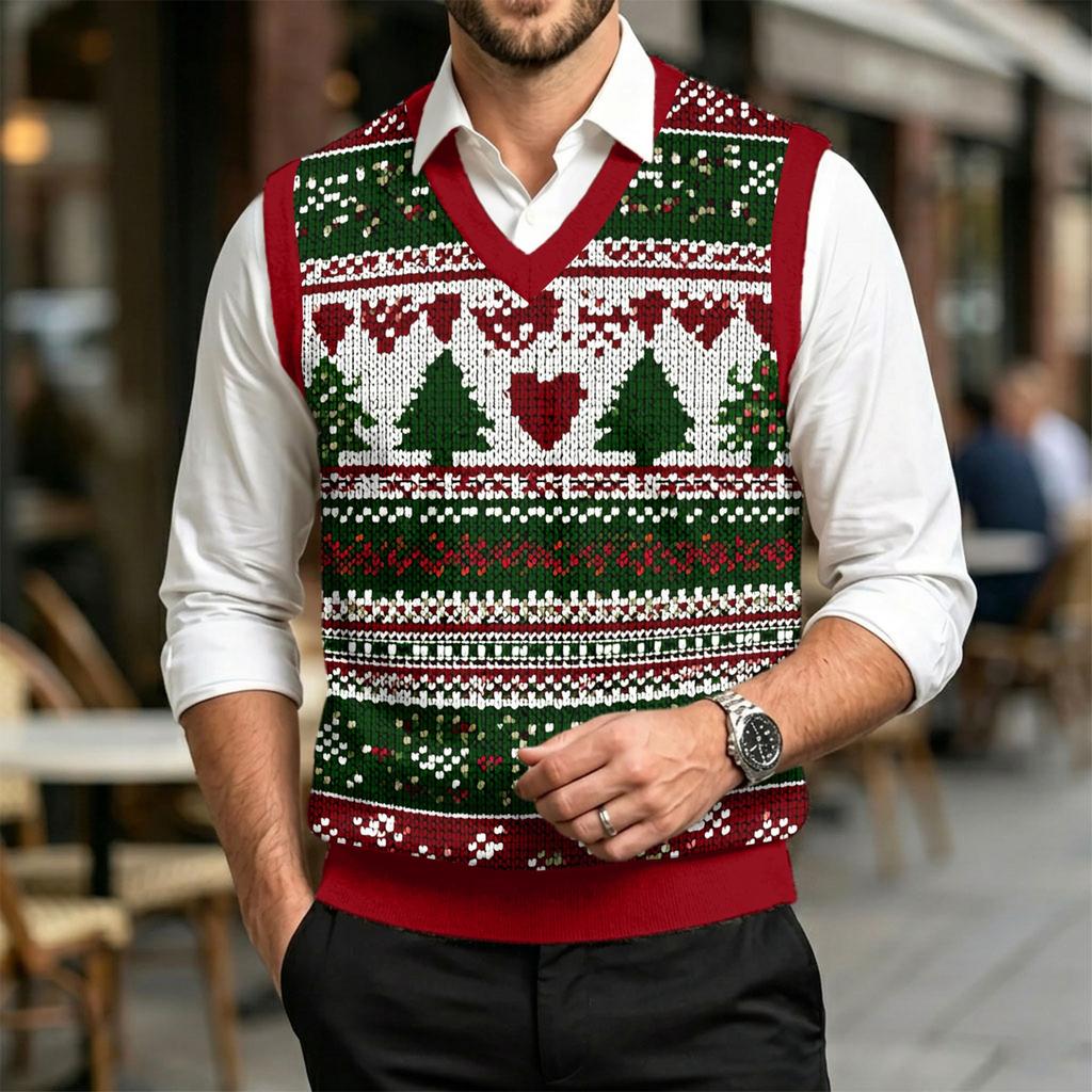 Gilet lavorato a maglia casual da uomo con scollo a V in lana e stampa natalizia per il tragitto casa-lavoro e l'uso quotidiano