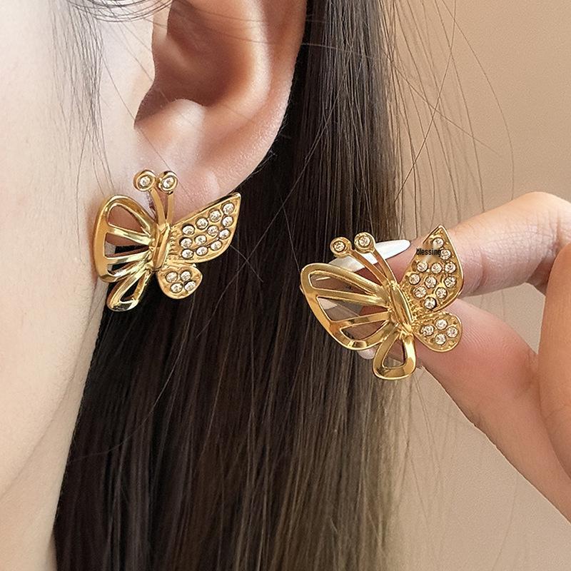 Elegant European & American Butterfly Stud Earrings: Stainless Steel, Full Diamond, Niche Style, Titanium Steel, High-End Fashion for Women