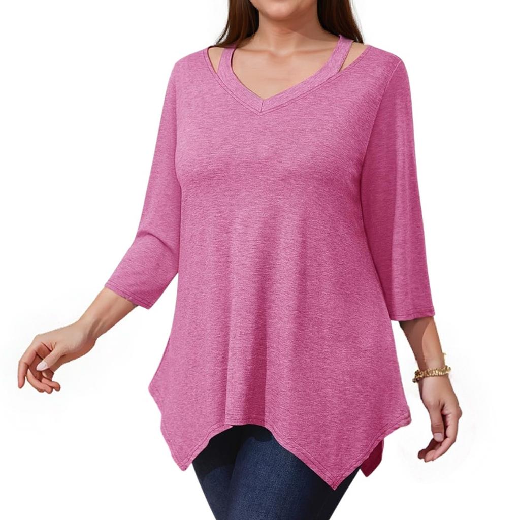 Women's Solid Color Plus Size Tops Hollow V Neck 3/4 Sleeve Shirt Fashion Casual Tunic Tops