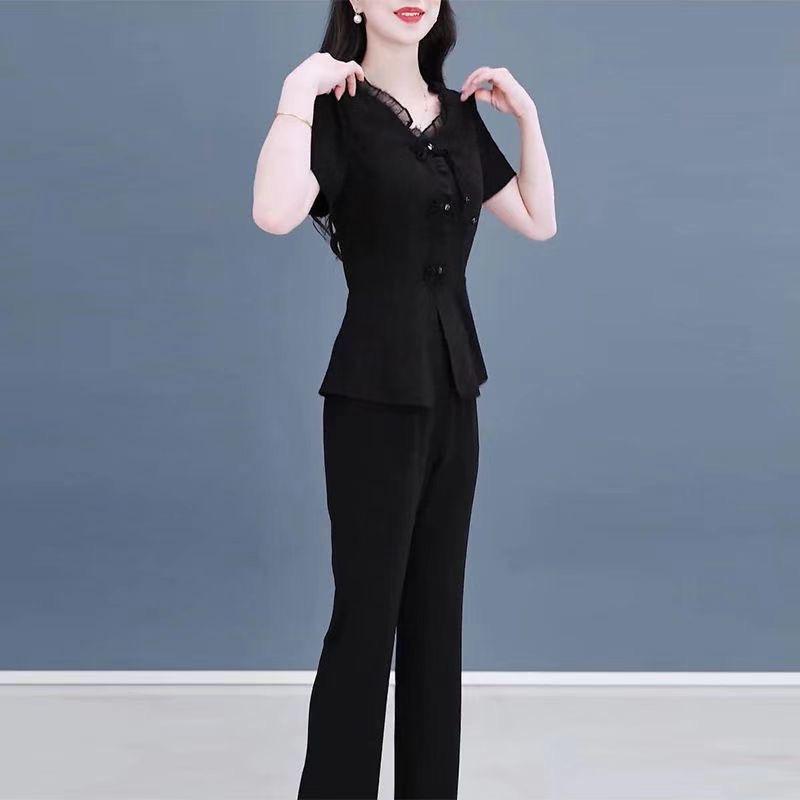 Luxury-lite Solid-color Set - Women's Summer Elegant Style Short-sleeved Shirt and Casual Pants Two-piece Set for Women