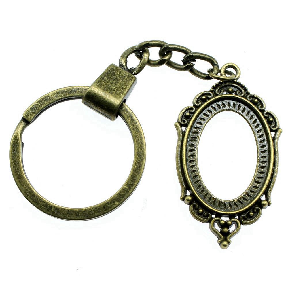 Heart Elliptical Glass Cabochon Base Setting Tray Blank Antique Bronze Metal Keychain for Family Gift