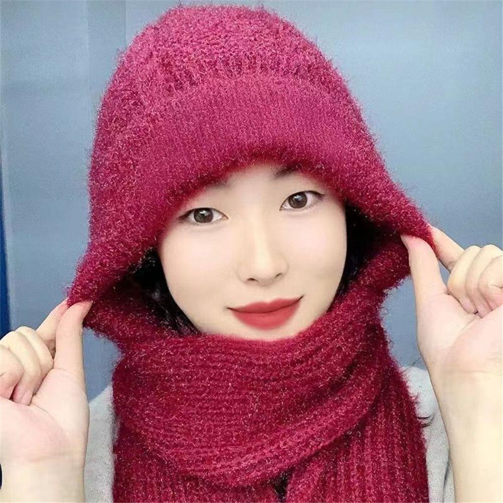 Women Windproof Thick Knitted Hat Hat Scarf Set Neck Warmer Beanies Cap