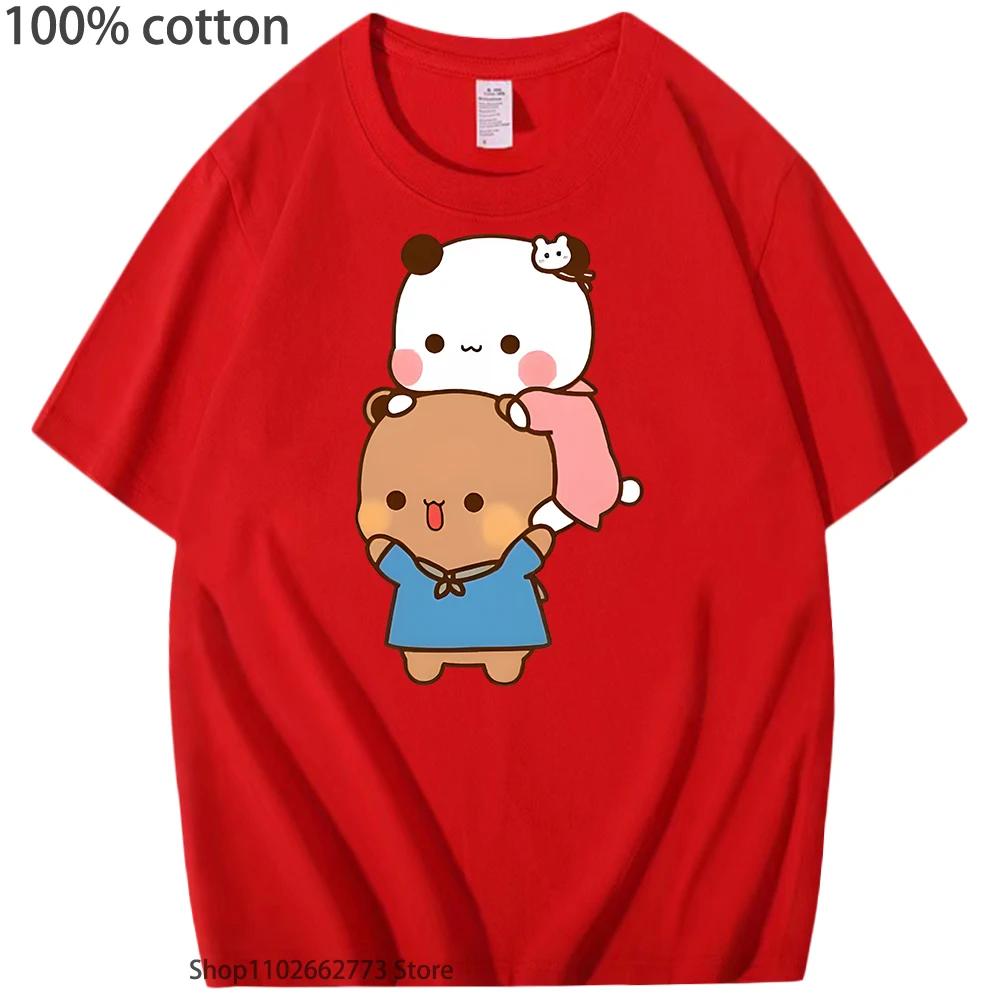 Kawaii DuDu and BuBu Enjoying Their Time Tshirts Cute Panda Bear Graphic Shirt Korean Styele Women Clothes Cotton Men Tees