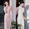Elegant Long Cheongsam Dress Women Pink Ivory Lace With Stand Collar 3D Floral Print Modern Chinese Style