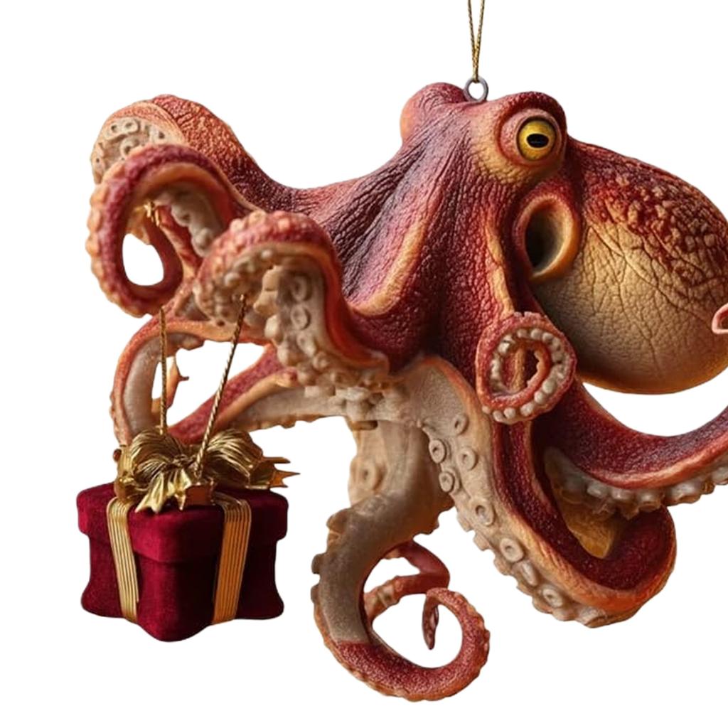 Christmas Octopuses Acrylic Ornament W/ Metallic Hanging Cord Ocean Sea Octopuses Acrylic Hanging Decor for Marine Lovers Divers