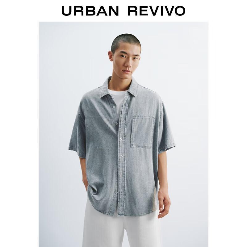 Men s Retro Loose Fit Textured Pocket Short Sleeve Denim Shirt L(XL-XXL)