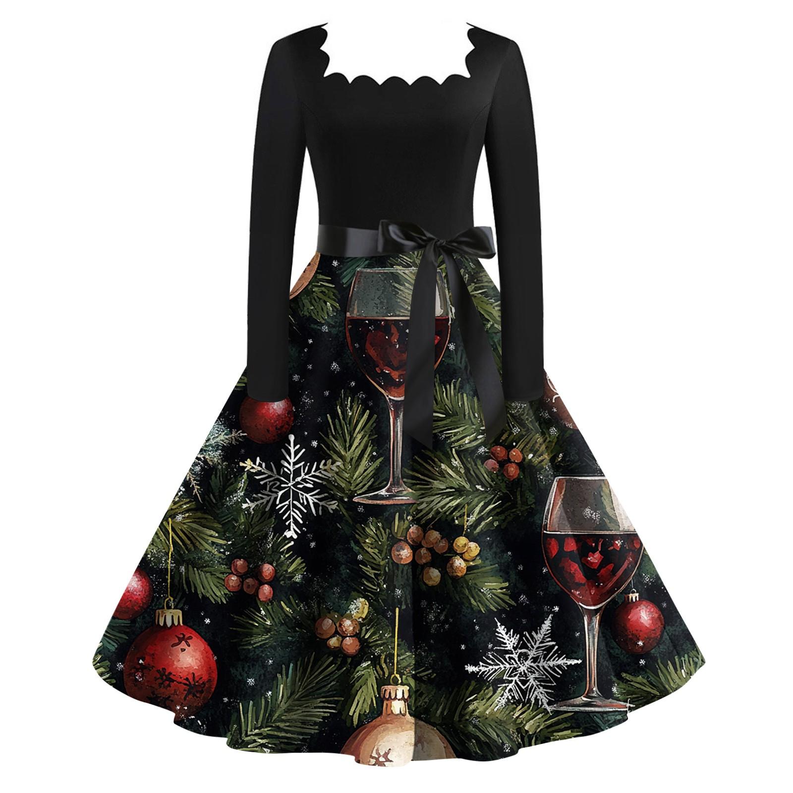 

Жіноча різдвяна сукня з квадратним коміром і великим подолом. Сукня з довгим рукавом L армія зелений колір