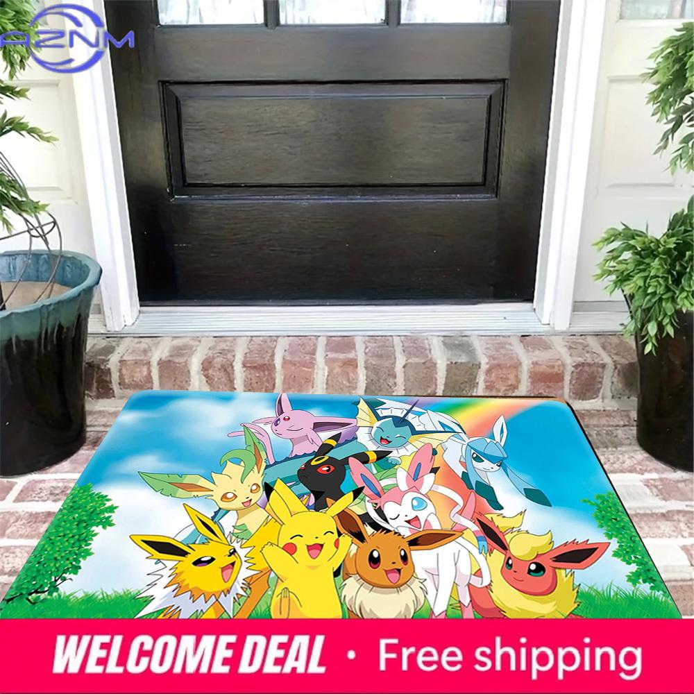 Pokemon Eevee Evolutions Group with Pikachu Print Non-slip Doormat, Soft Absorbent Floor Rug for Home Decor