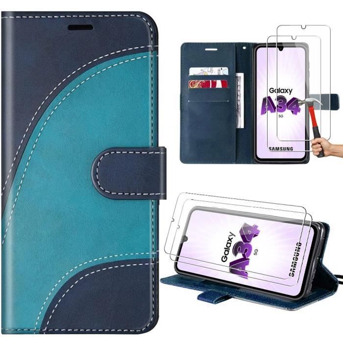 Coque + 2 Verres Trempés - BOOLING - Samsung Galaxy A34 5G - Semi-rigide - Cuir PU - Bleu
