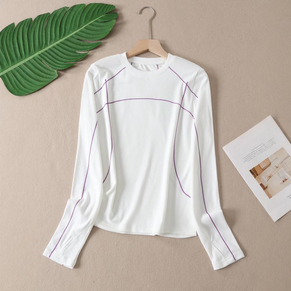 Women's Slim-Fit Color-Block Sports Long-Sleeve T-Shirt: Vibrant Colors, Contrast Stitching, Round Neck, Outdoor Style