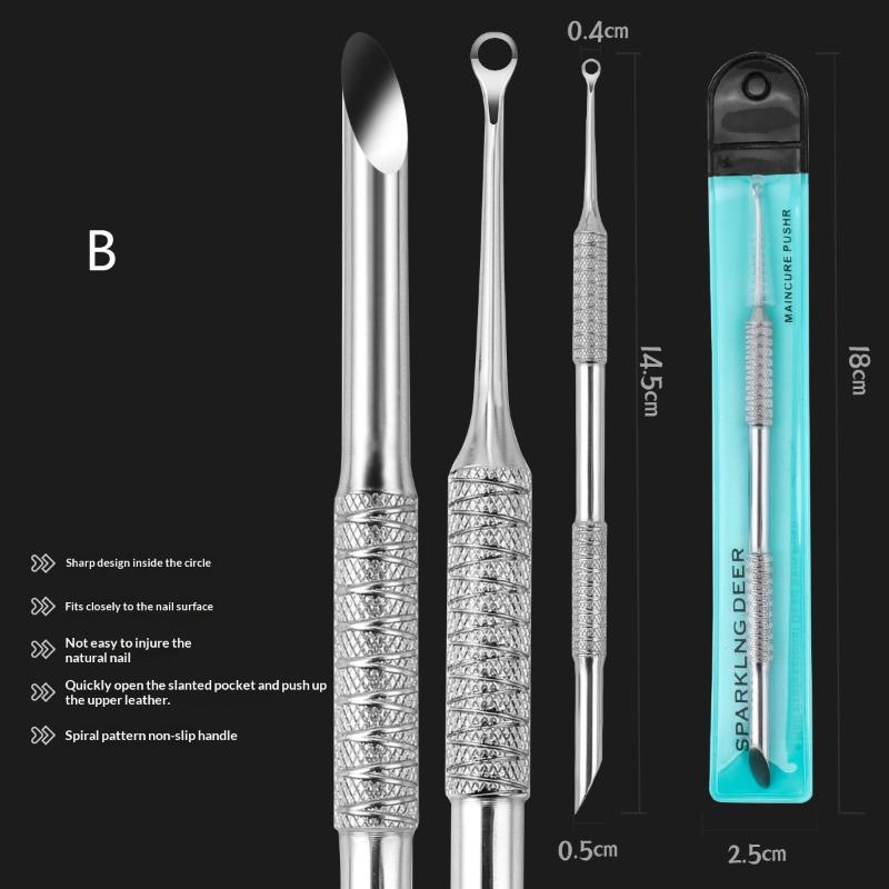 Double-Ended Nail Beveled Head Cuticle Pusher Remover Stainless Steel Cuticle Remover Manicure Sticks Nail Grinding File