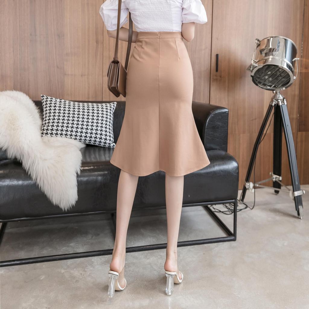 Syvent Khaki 4 Tight High Perfect for Going 12F284 Women's Knee-Length Skirt, Colors, Ruffled, Fit, Waist, Knee-Length, Stylish, Elegant, Slimming,