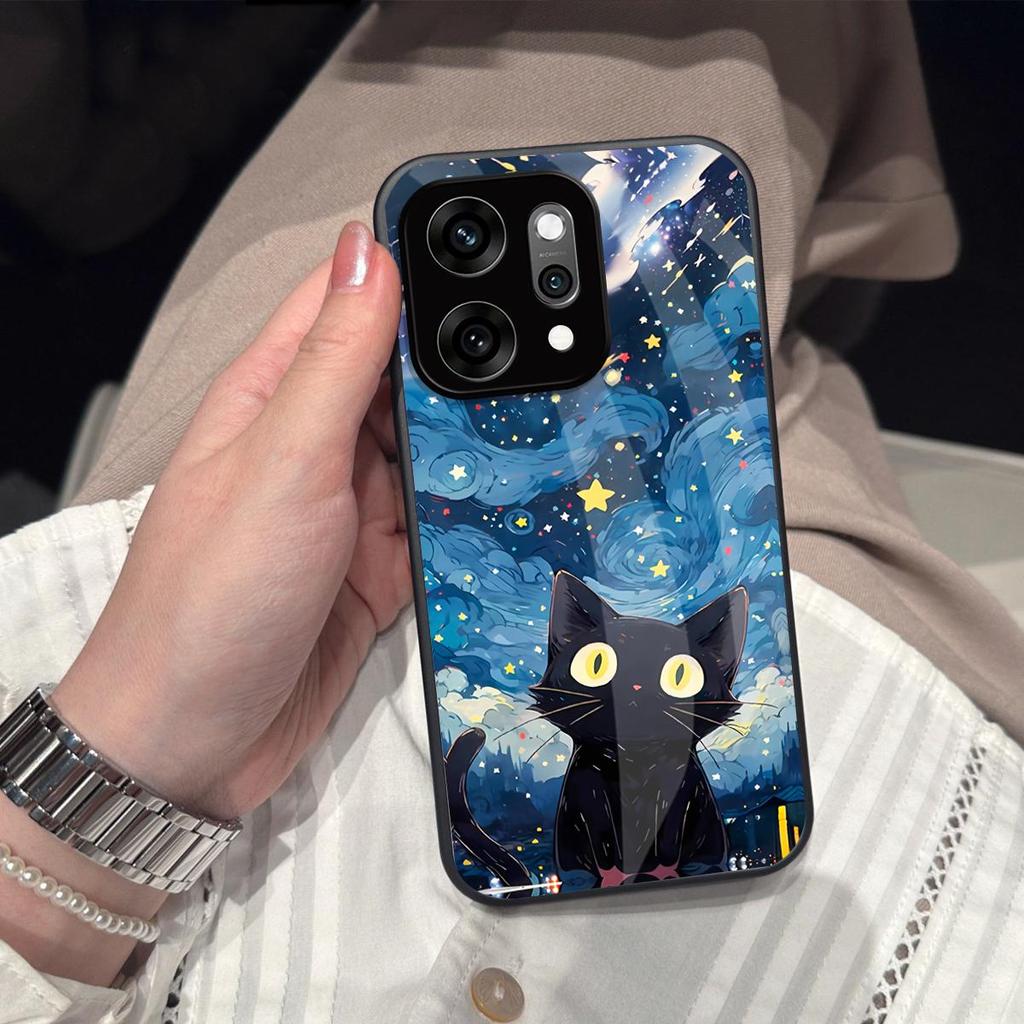 Case for OPPO Reno14 Pro 5G Anime Black Cat Starry Cloud Print Phone Cover Acrylic Hard Back Shell With Flexible TPU Edge