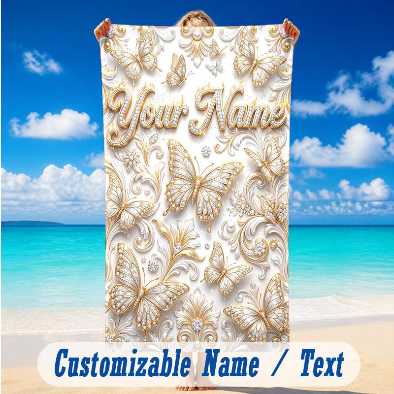 Butterfly Theme Beach Towel Personalized Custom Name & Text Soft Quick Dry Beach Towel for Swimming Travel