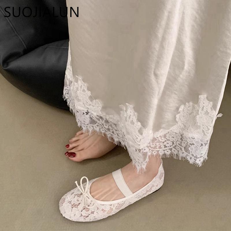 Fashion SUOJIALUN 2025 Spring New Brand Women Flat Shoes Fashion Lace Ladies Elegant Ballerina Shoes Round Toe Soft Flat Single Shoes