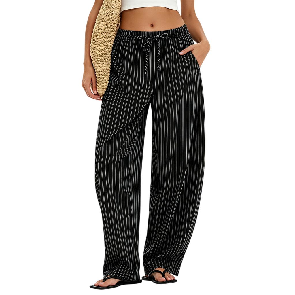 Women's Striped Straight Leg Pants with Side Pockets – Elastic Waistband Loose Fit – Linen Cotton Casual Everyday Pants