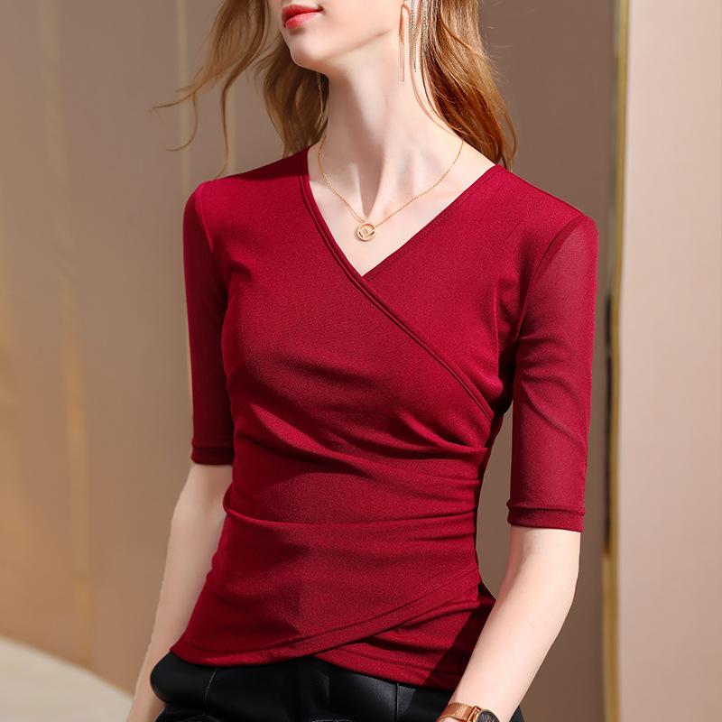 Mesh Base Shirt for Women Autumn New Women's Cross-neck Mid-sleeved T-shirt Five-quarter Sleeve Inner Top
