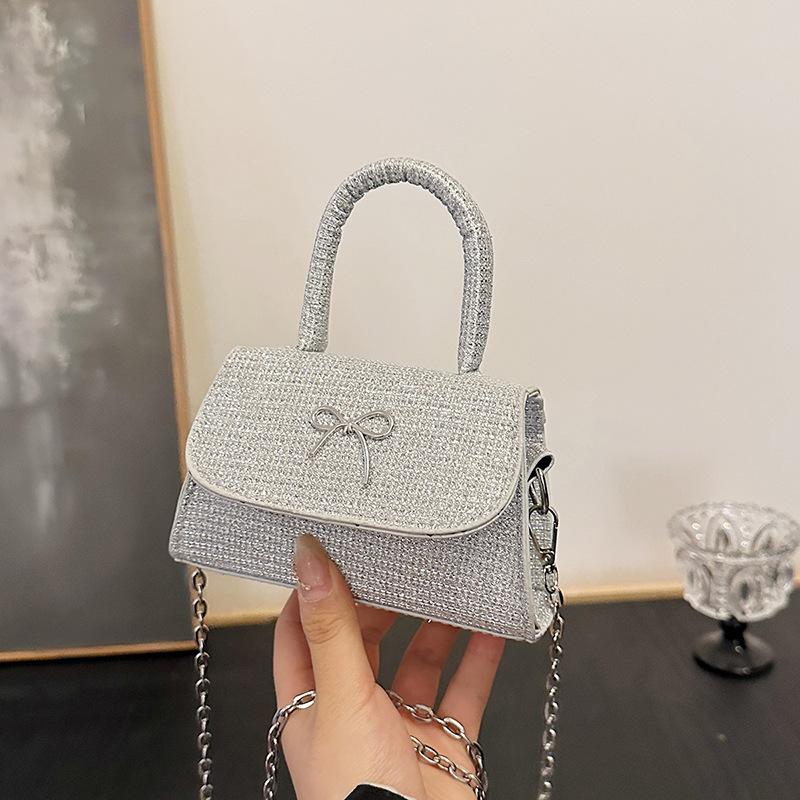 2025 New Bow High-end Fairy Simple High-value Shoulder Messenger Bag Silk Thread Shiny Small Square Bag