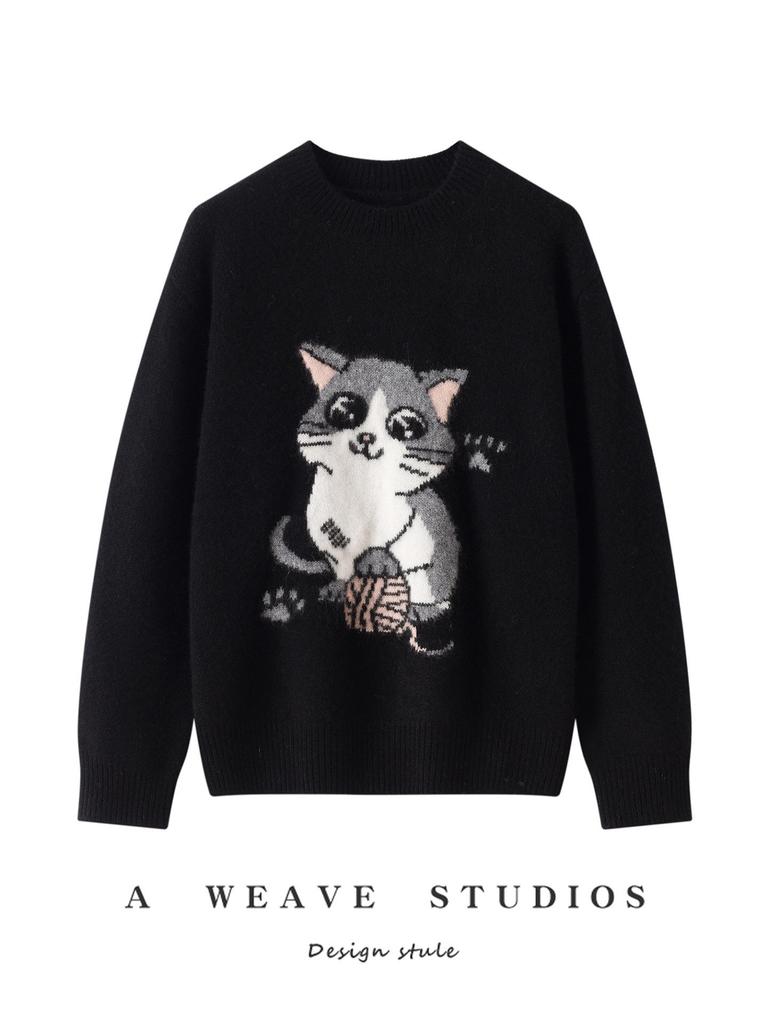 Cashmere Knit Cat Pattern Sweater - Autumn/Winter Loose Fit Round Neck Layer