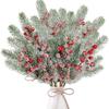 8 Pieces Christmas Artificial Pine Branches with Snow Frosted Red Berries and Pine Cones for Seasonal Home and Event Styling