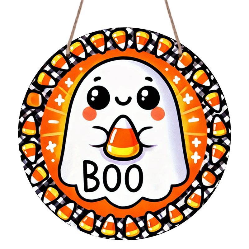 2D Flat, 1pc Round Aluminum Hanging Sign, Halloween Candy Corn Round Sign - Spooky "BOO" Decor for Home, Kitchen, Garage, Garden, Yard, And Office