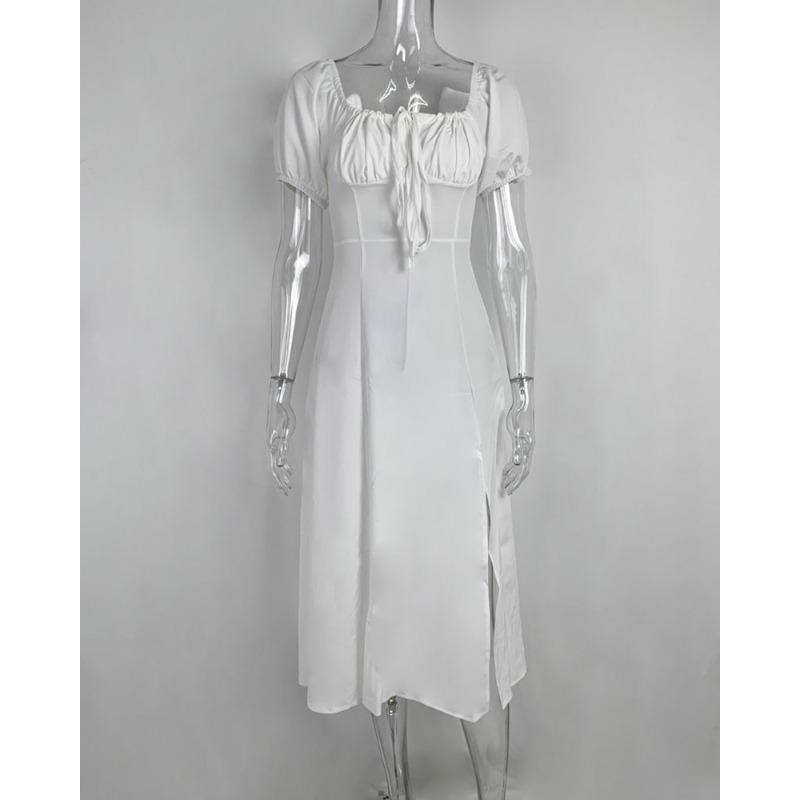 Spring Dresses Women Temperament Commuter Bubble Sleeve Tie Slit Long Skirt