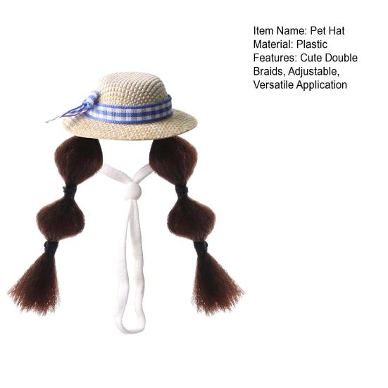 Hamster Sun Hat Cute Small Pet Hat with Double Braids Elastic Strap Adjustable Parrot Wig Hat for Budgies Roosters Guinea Pigs Dress-Up