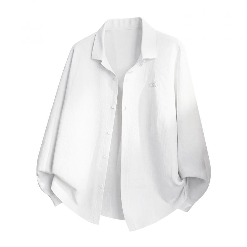 

Trendy American-style micro-pleated textured long-sleeve shirt for men, spring solid color loose fit clean-fit high-end shirt jacket M белый