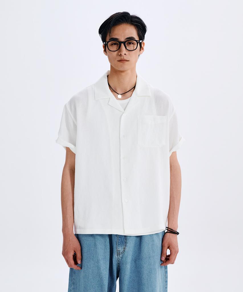 TAKEASY Linen-Like Roll-Up Half Shirt (White)