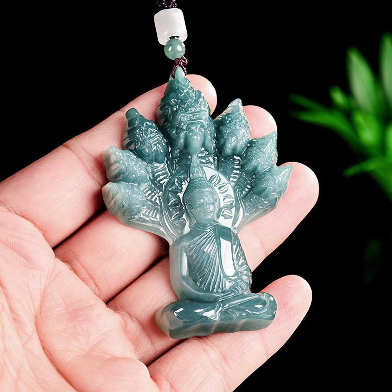 Přívěsek Naga Buddha z přírodního nefritu třídy A - Modrá voda - Unisex nefritový přívěsek