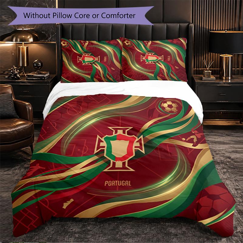Portugal Football Pattern 3 Pieces Bedding Set Soft Microfiber Duvet Cover with Pillow Cases for Bedroom