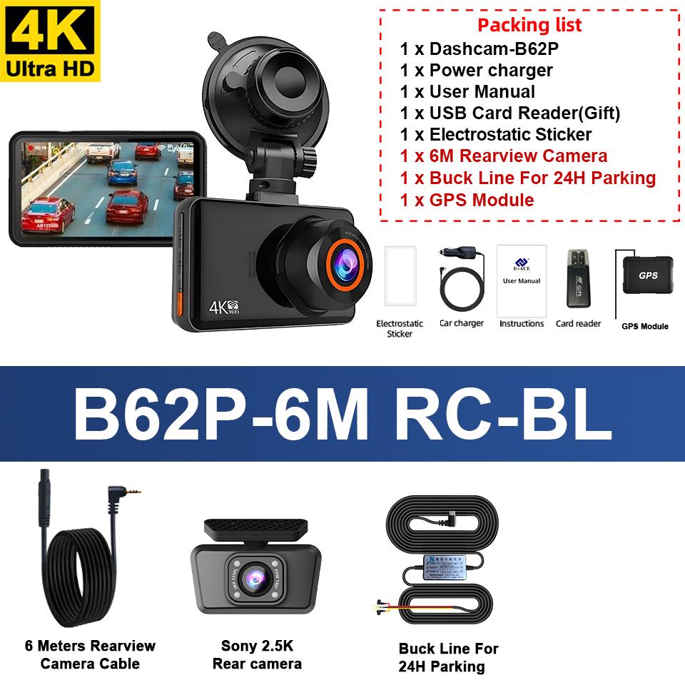 E-ACE Dash Cam 4K+2.5K Doppio Canale Car Dvr Supporto WIFI GPS Visualizzazione Velocità Parcheggio 24h Registrazione Ciclica Visione Notturna Scatola Nera