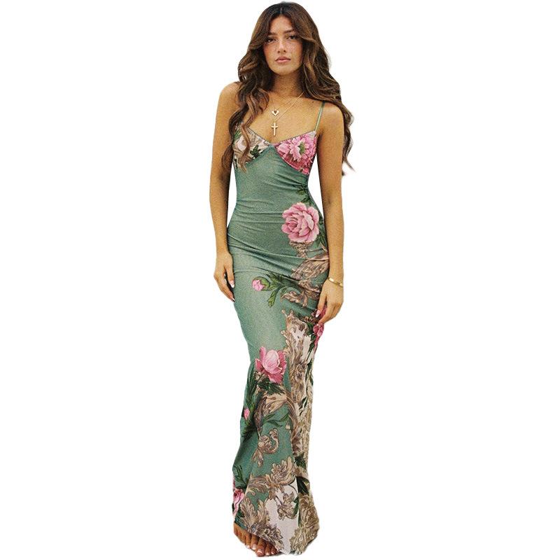 Summer New Women's Dress Holiday Style Elegant Slim-fit Printed Design Sling Dress Women