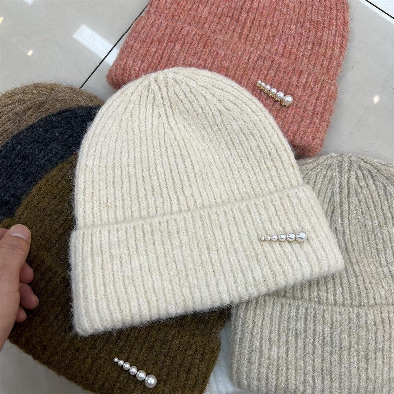 Fashion Pearl Decorative Wool Blended Wool Hat Women's Autumn and Winter Warm Simple Vertical Striped Knitted Cold Hat