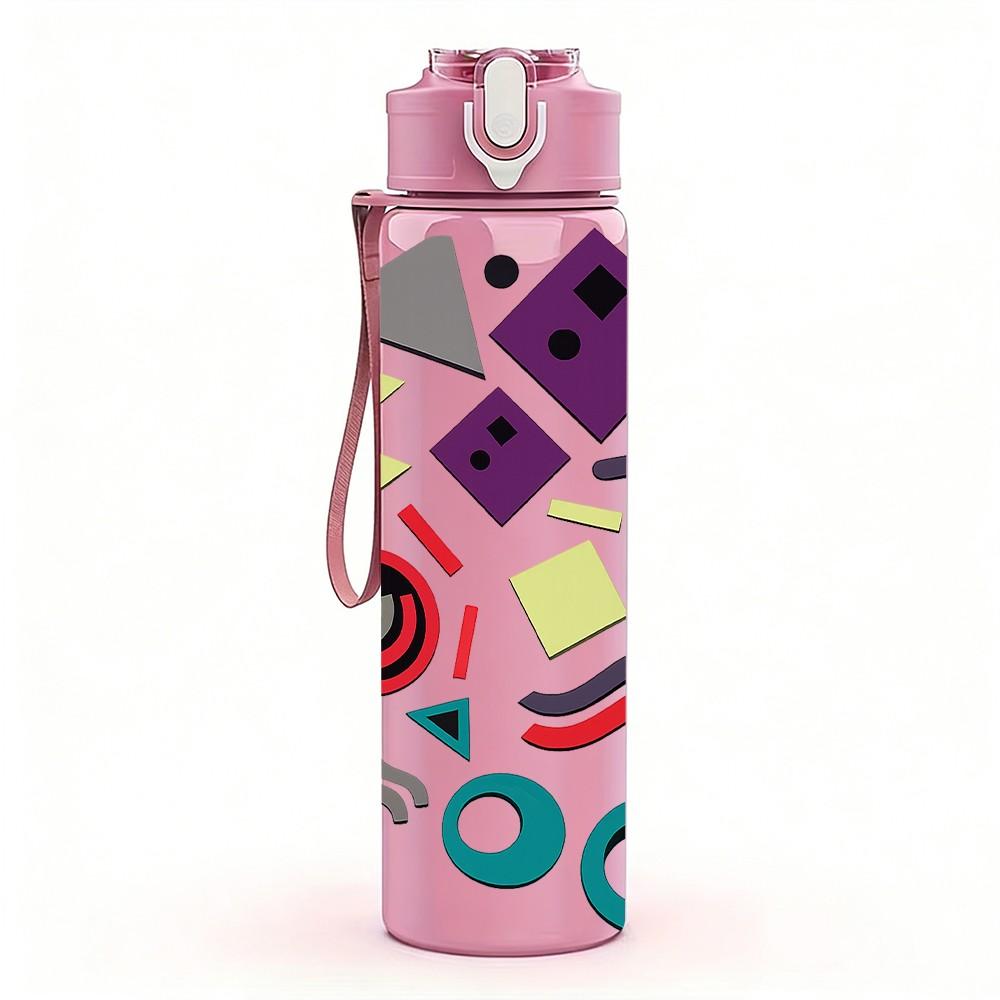 1PC Colorful Geometric Shape Doodle Print 750ml Color Plastic Sports Water Bottle Leakproof Flip Straw Lid Suitable for Sports Office Home Use