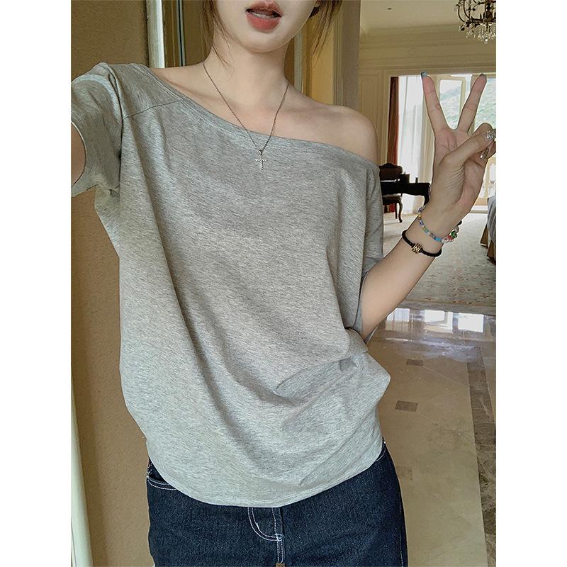Gray Pure Cotton Off-Shoulder Long-Sleeve Women's T-Shirt - Loose Fit, Spring/Autumn Stylish and Sexy Top