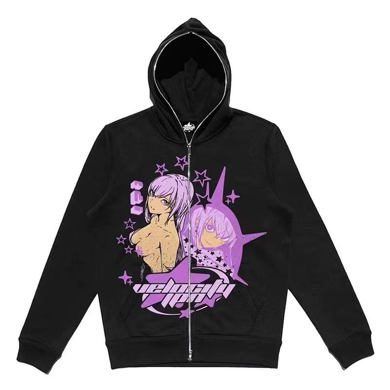 Japanischer Anime-Hoodie mit durchgehendem Reißverschluss und Gun Girl-Print, lässiger, lockerer und vielseitiger Manteltrend für Frühling und Herbst