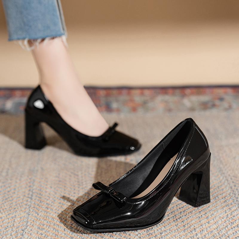 Fashion Women Heels Spring  Autumn Season Sweet Retro Colored Bow Tie Single Shoes Women Thick Middle Heel Square Headed Women's Shoes