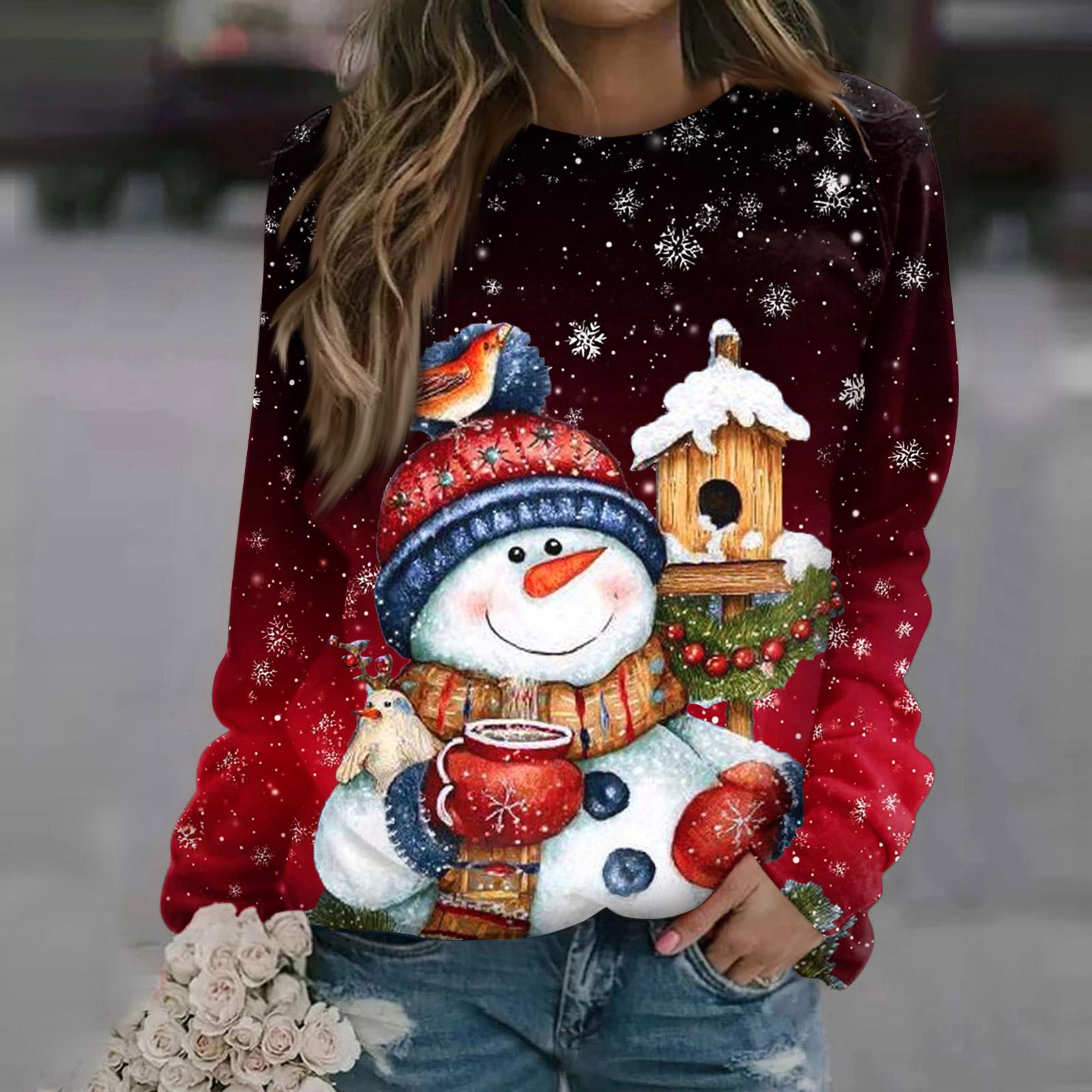 

Женские топы с круглым вырезом, хлопковая женская повседневная модная пуловер с длинным рукавом и круглым вырезом с принтом, блузка M винный